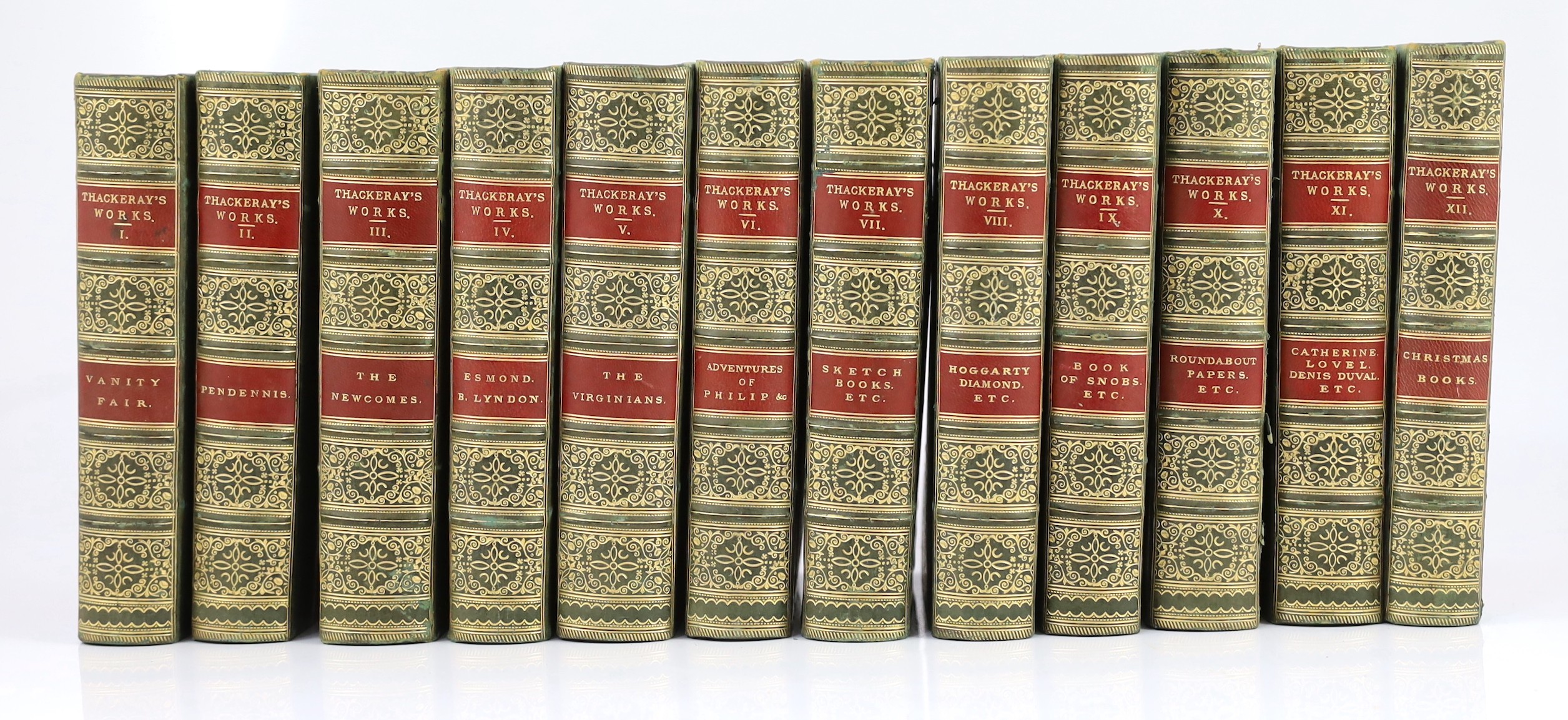 Thackeray, William Makepeace - The Works, of 12 vols. num. plates and other illus.; contemp. green half calf and marbled boards, gilt decorated and panelled spines with red labels, marbled edges and e/ps., cr.8vo. (ca.18